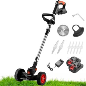 Motocoasa electrica WALALLA, cu acumulator, 2 baterii, 3 tipuri de lame, pol telescopic ajustabil, negru/rosu